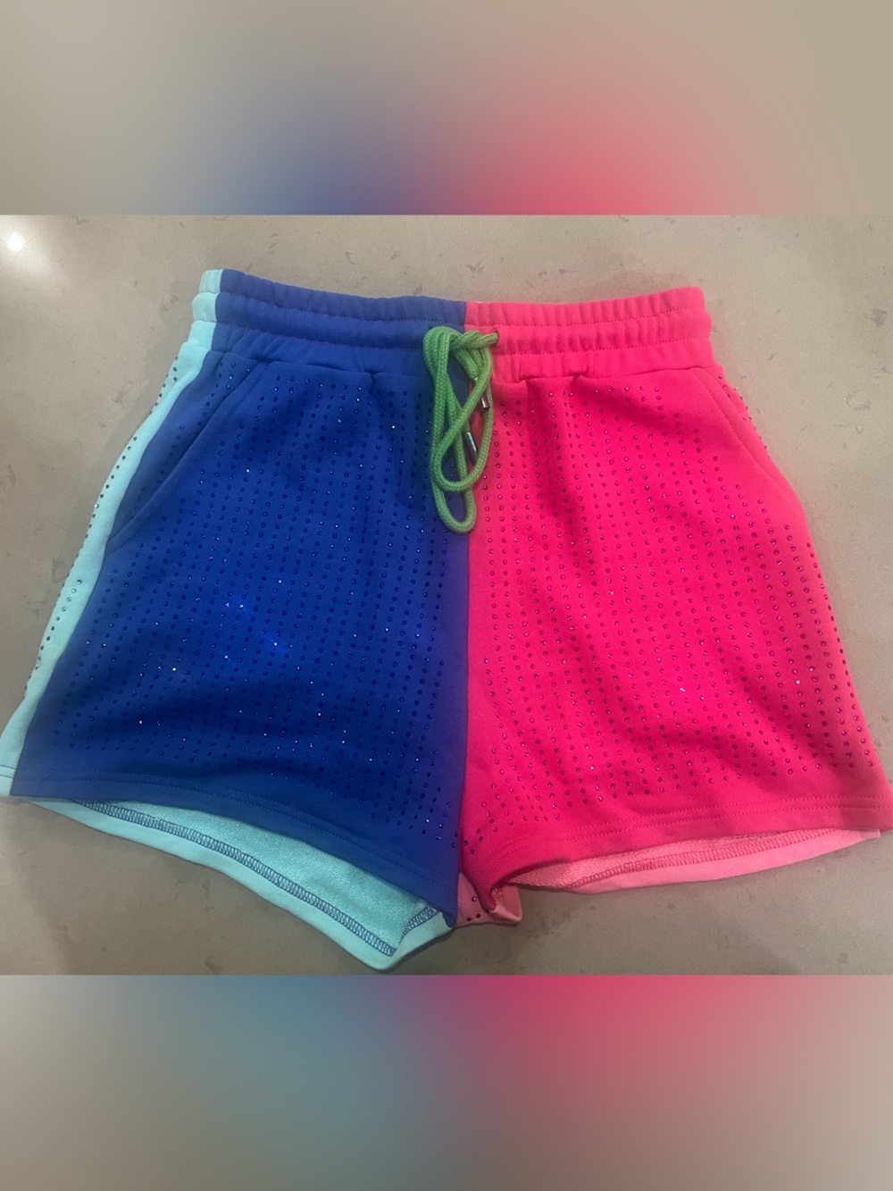 QUEEN OF SPARKLES Two-Tone Blue & Hot Pink Rhinestone Shorts